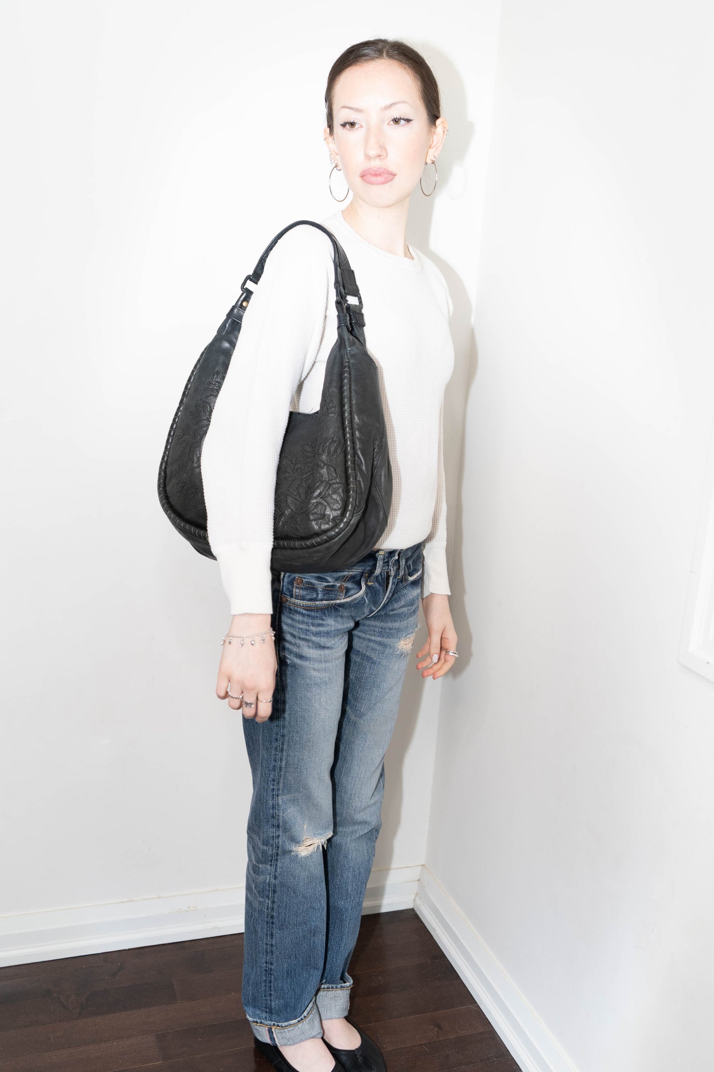 Floral Embossed Leather Shoulder Bag