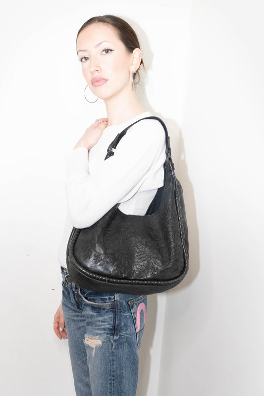 Floral Embossed Leather Shoulder Bag